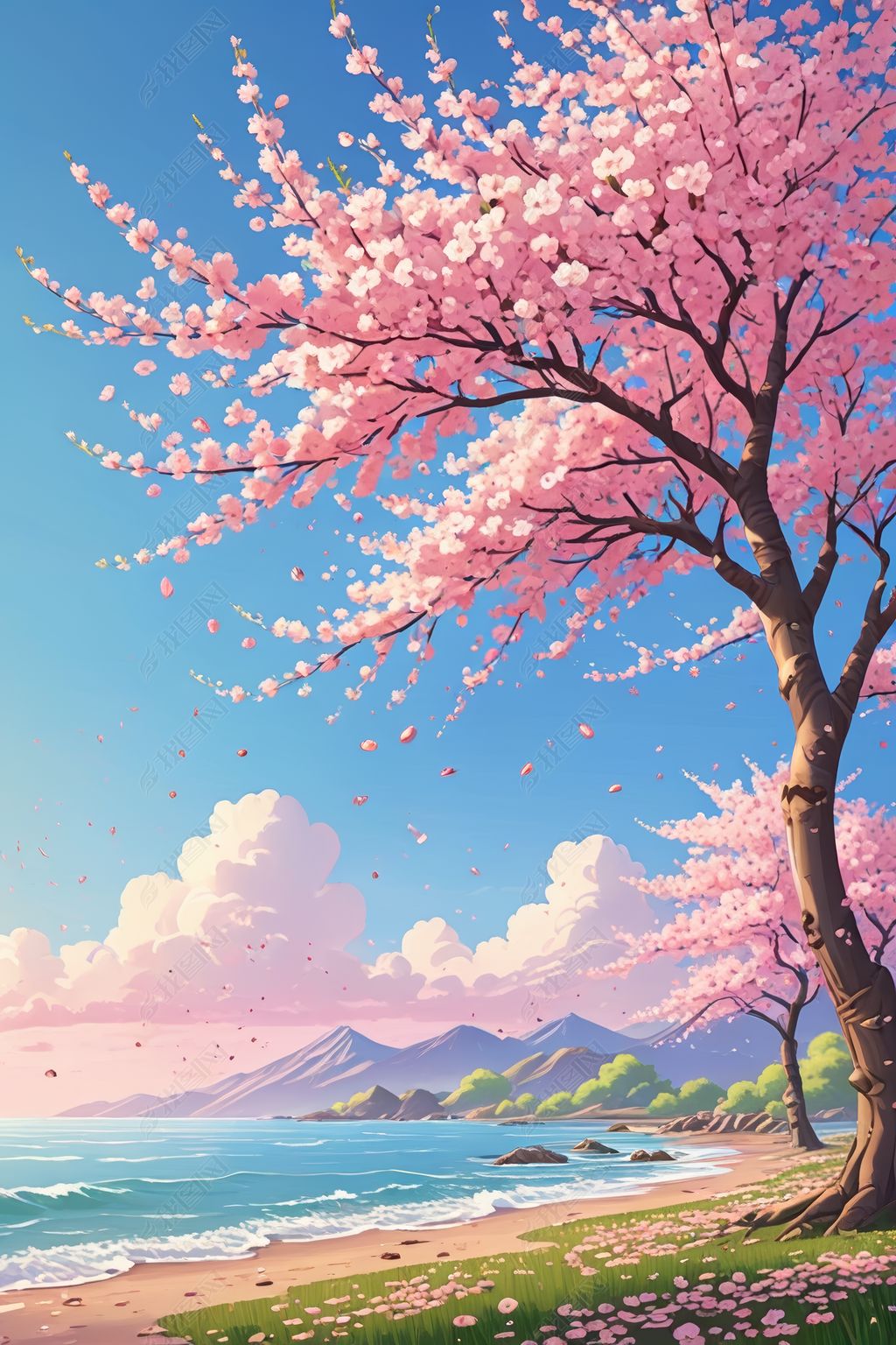 原创春天海边樱花树飞舞樱花花瓣卡通插画插画-版权可商用