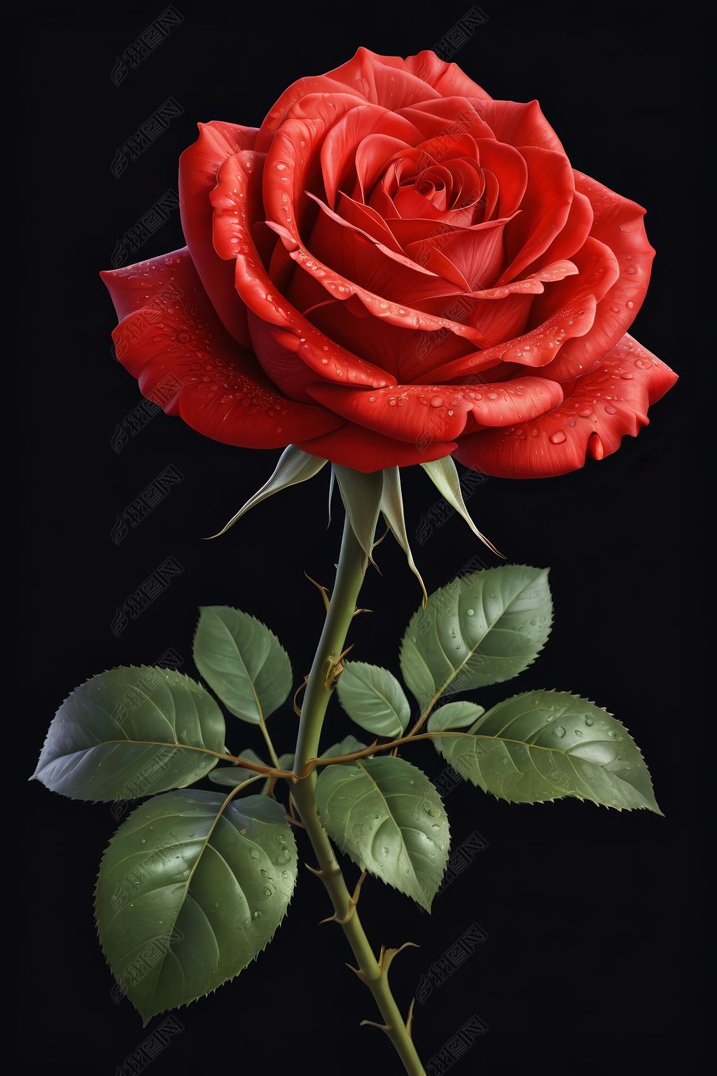 原创一枝写实红玫瑰图像插画