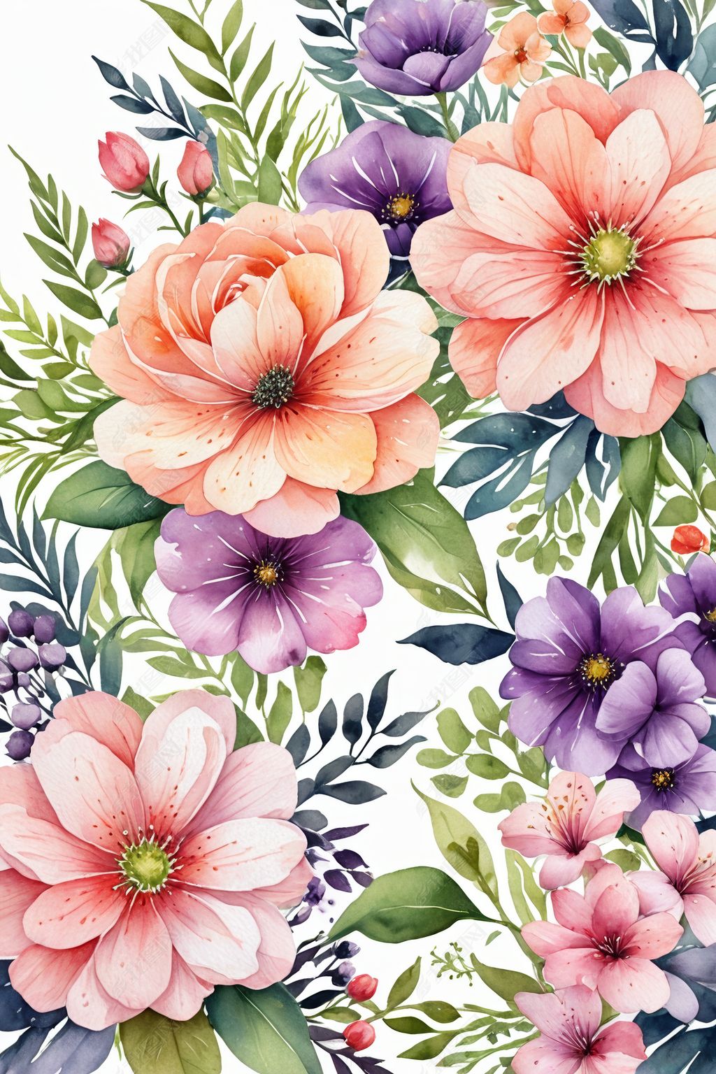 原创水彩花卉背景水彩花花束生日贺卡插画