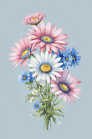 水彩雏菊花束粉红色蓝色花朵插画