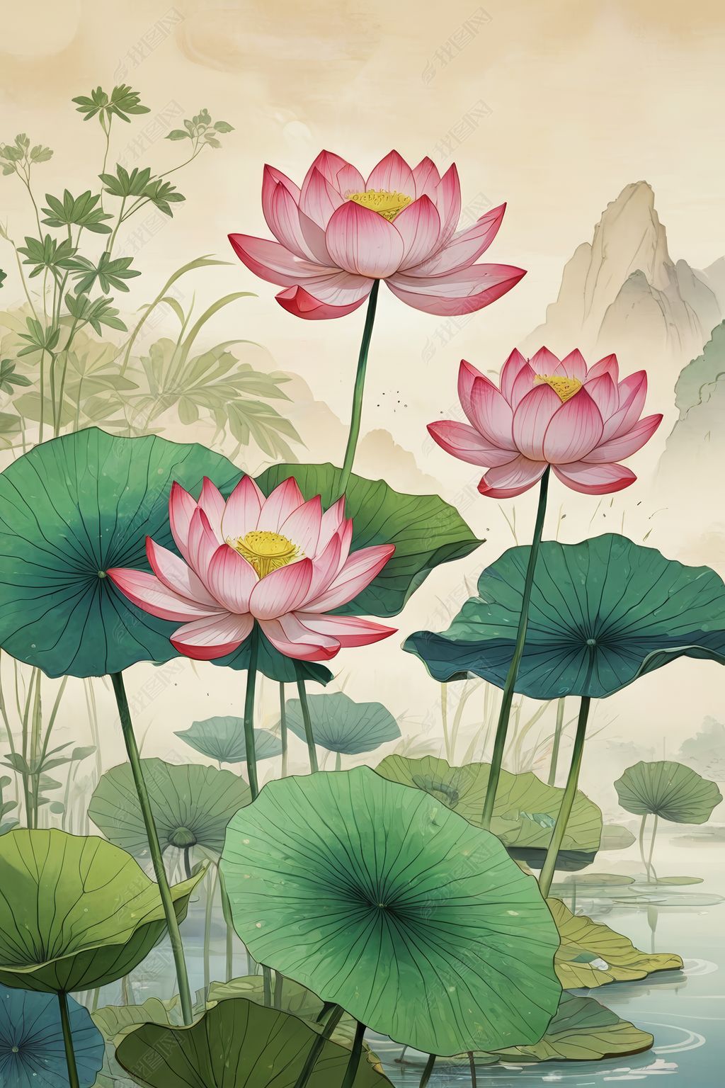 原创风荷花风景夏天大暑小暑节气手绘国潮插画插画-版权可商用