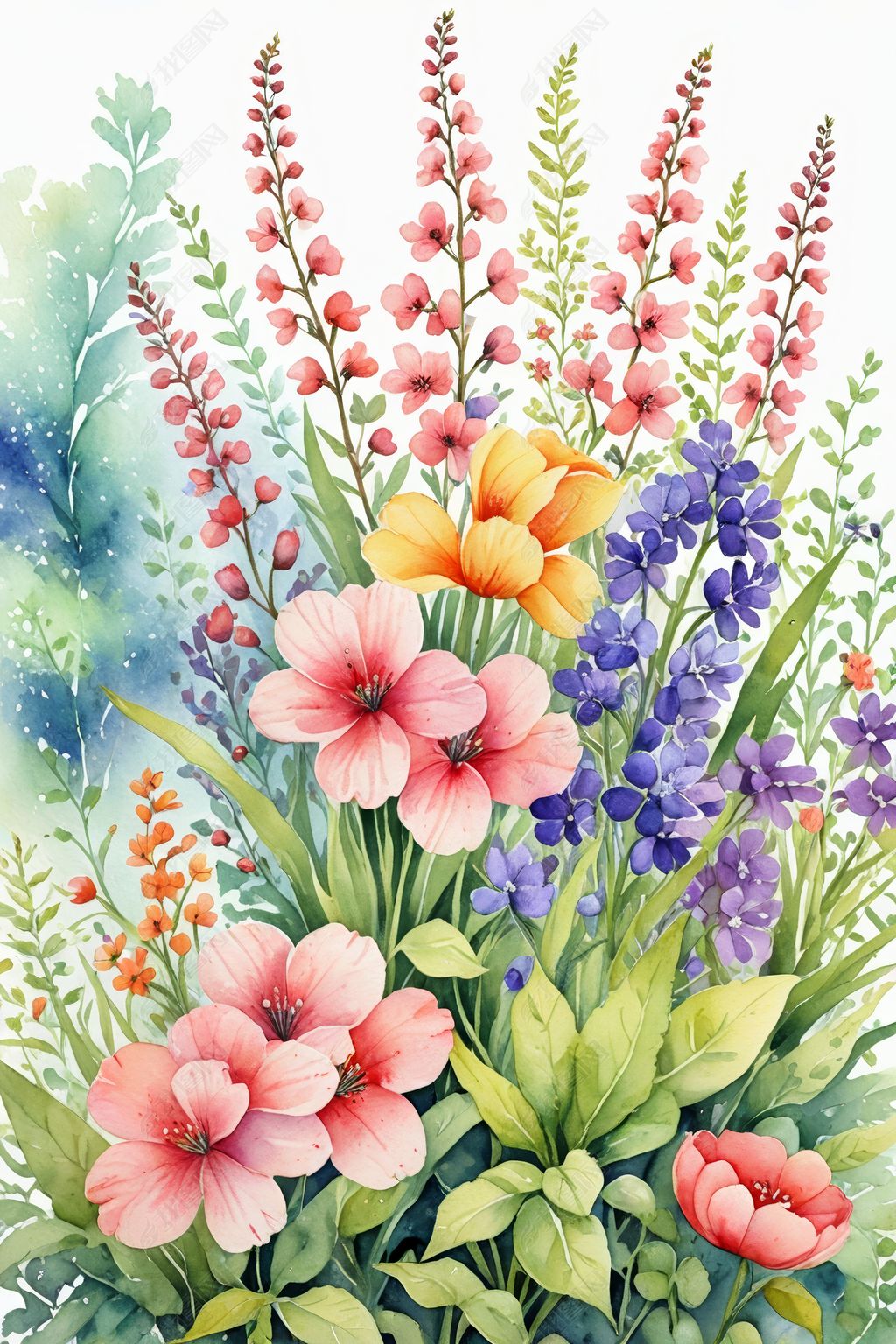 原创花卉花园春天植物水彩手绘背景插图插画