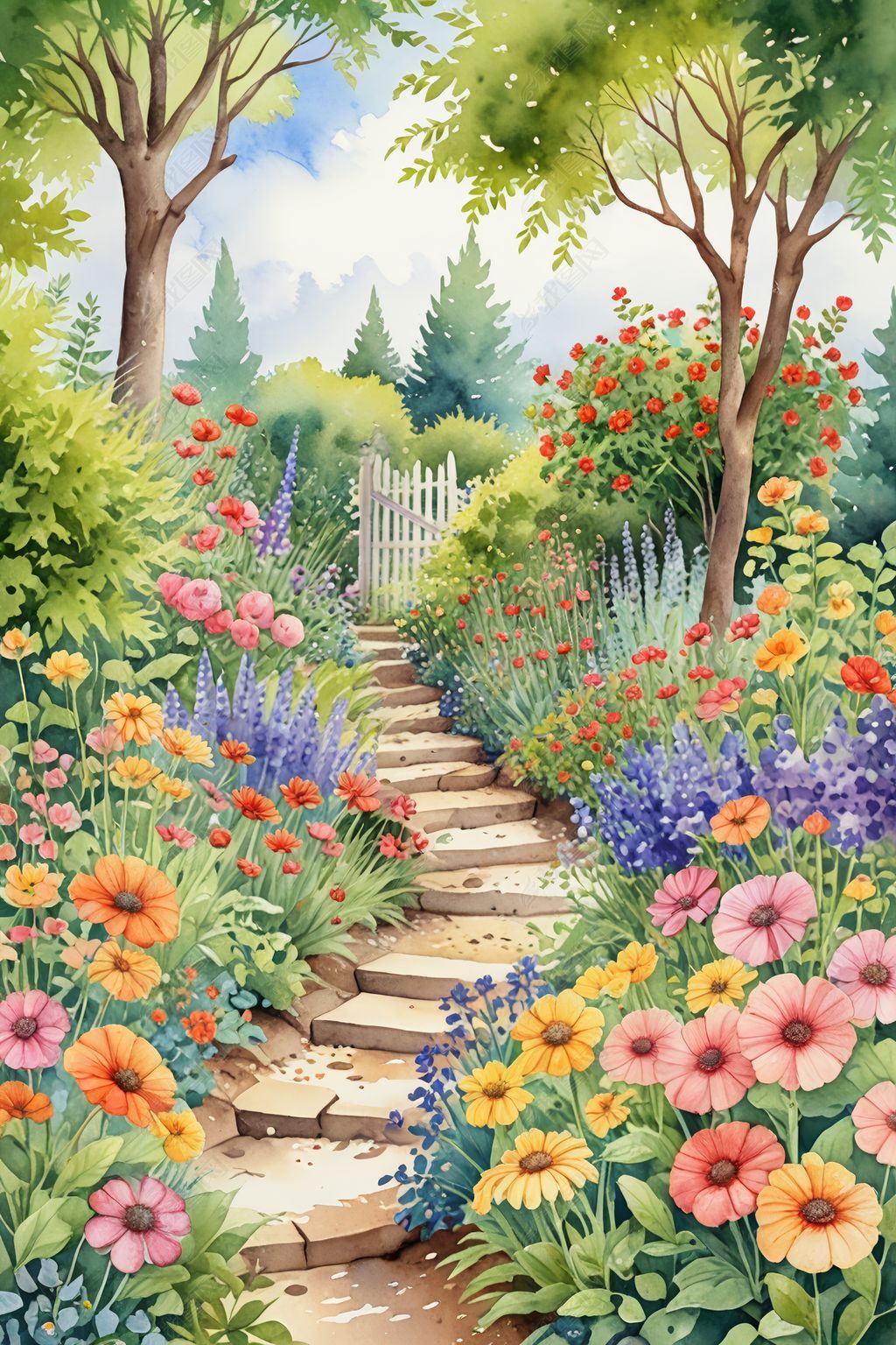 花园水彩画插画