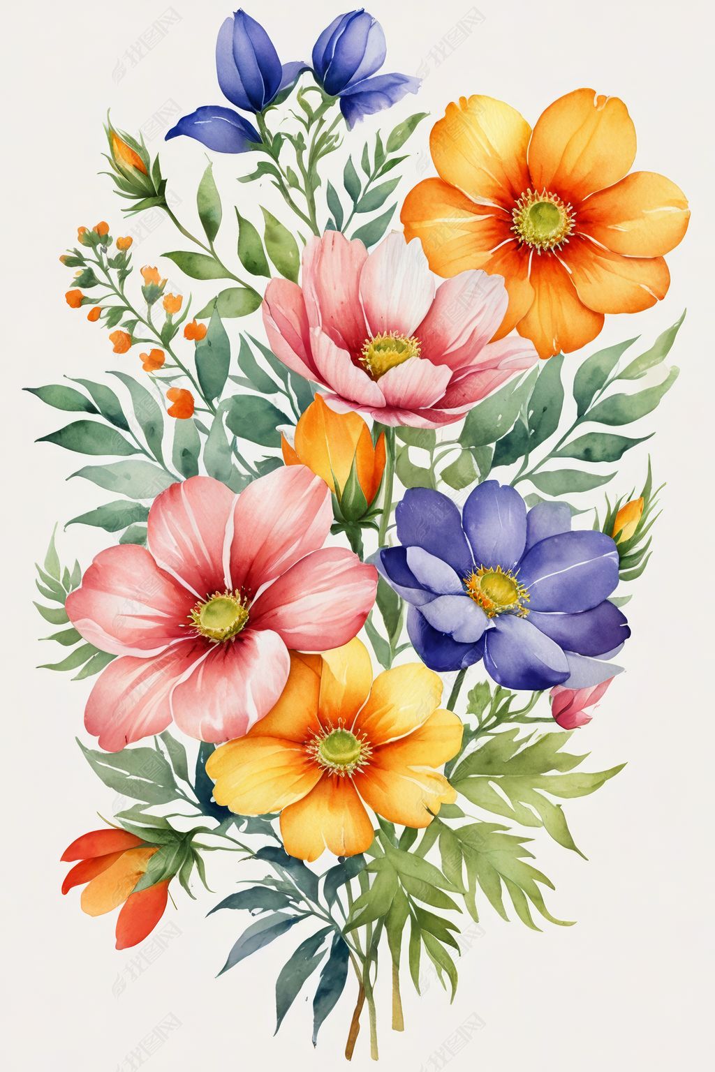 原创手绘水彩三色花插图插画