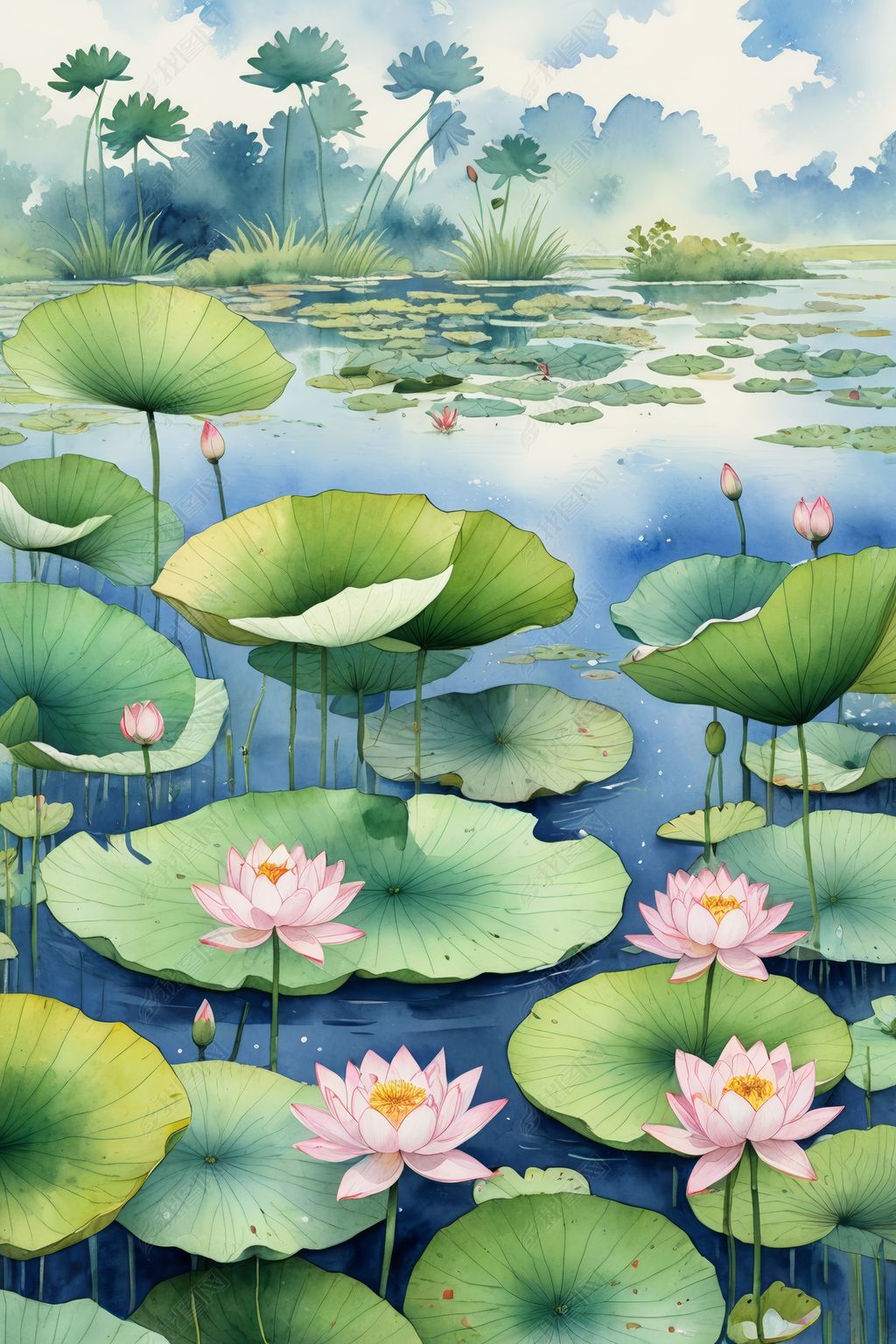 原创手绘荷花池塘插画插图水彩绘本插画