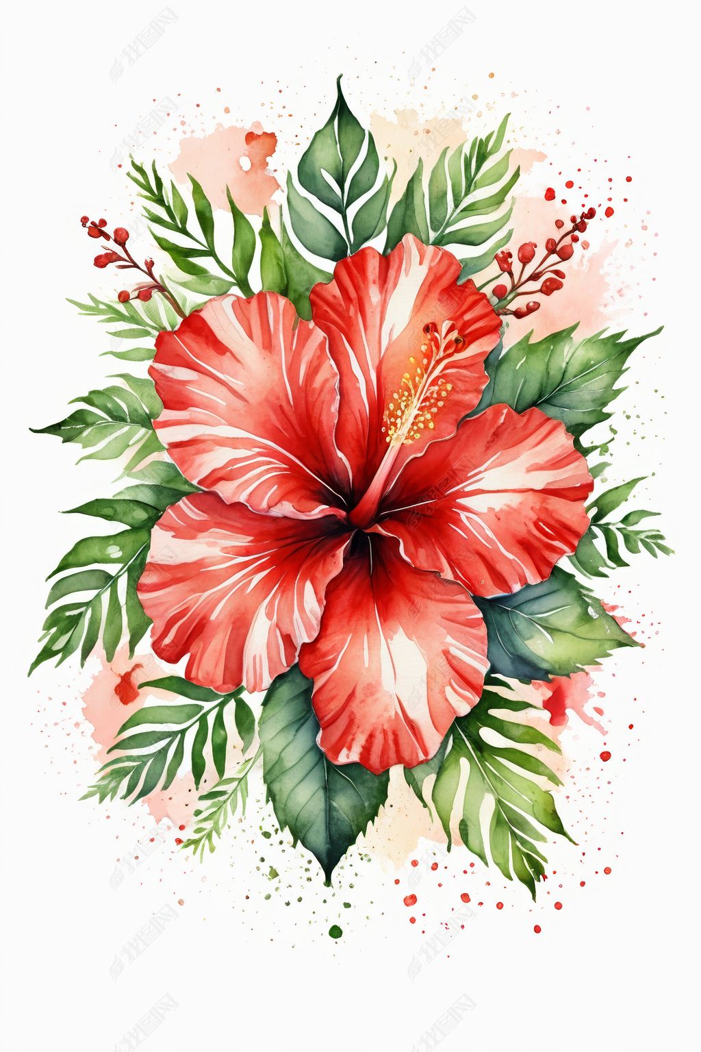 原创手绘红色木槿花水彩图像水彩插图插画