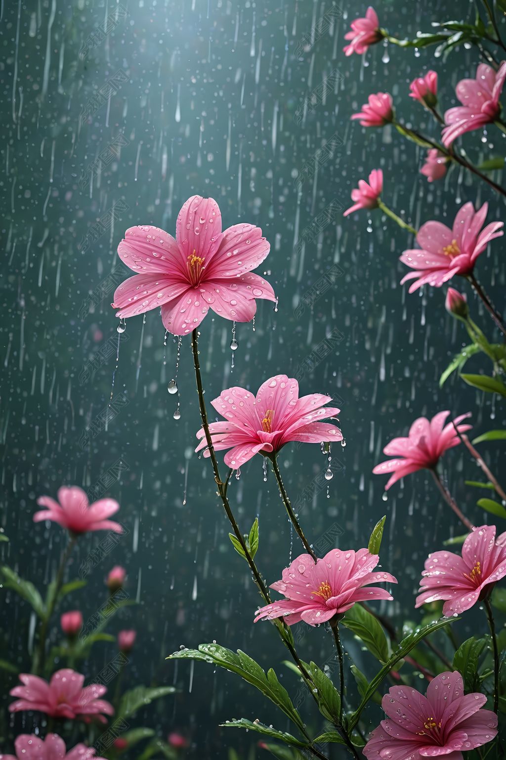 原创雨天细雨绵绵粉色花朵壁纸背景插画