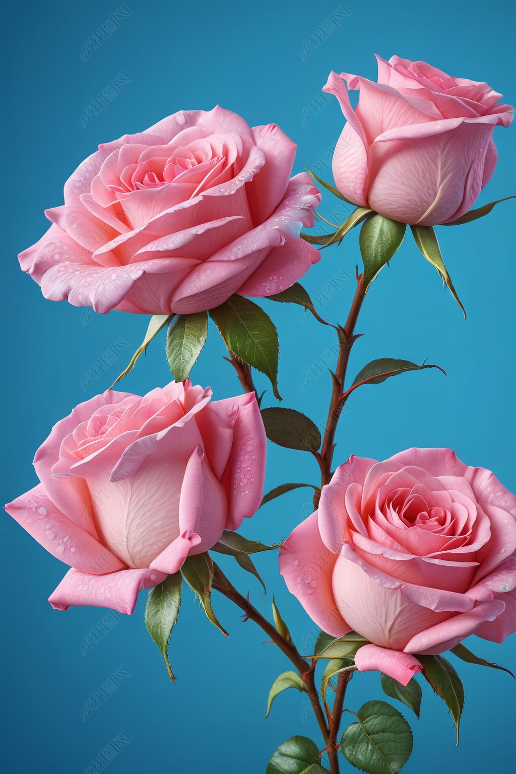 原创粉色玫瑰花蓝色背景潘通色花卉特写插画插画