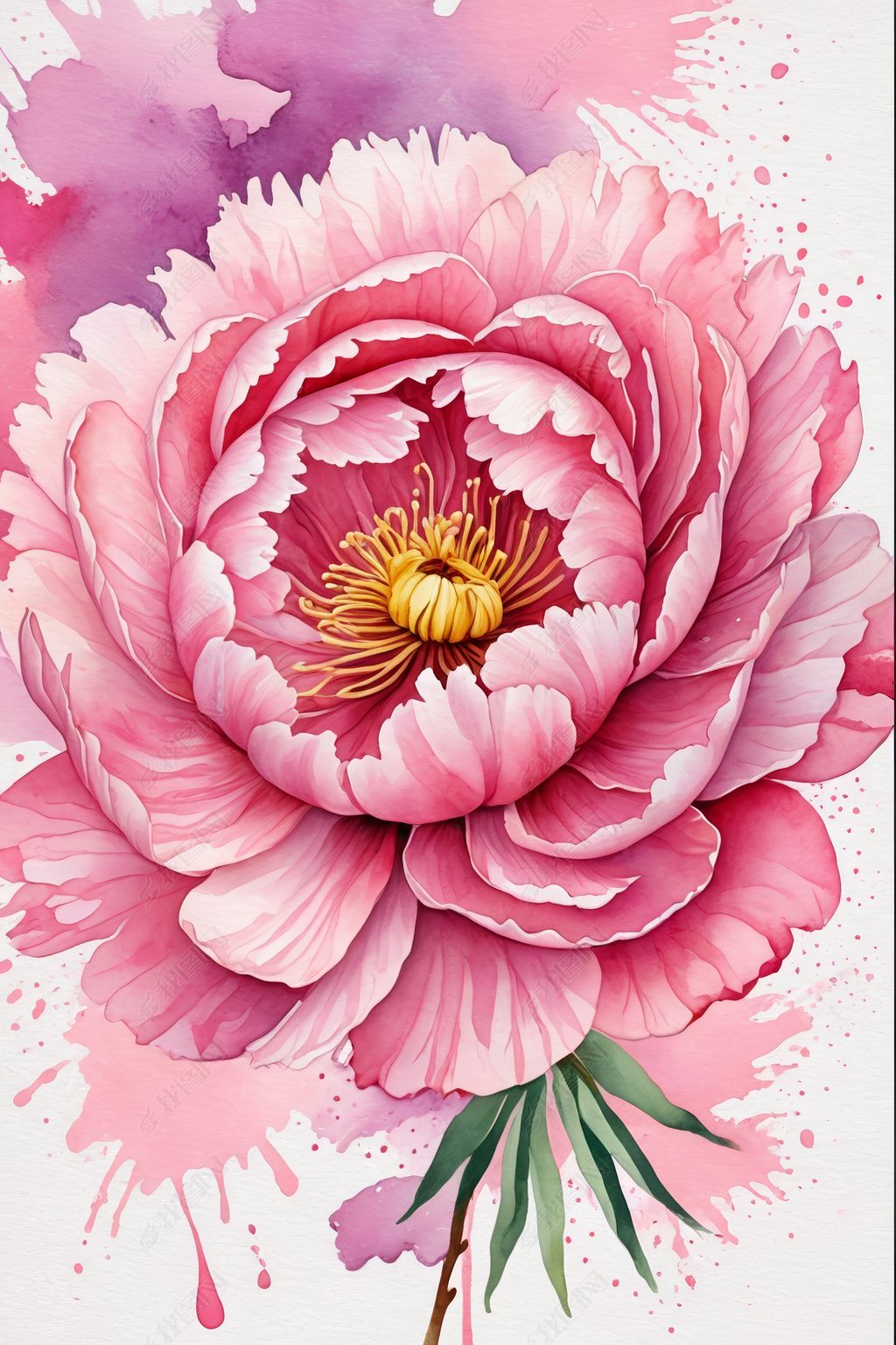 原创粉红色抽象水彩牡丹插画