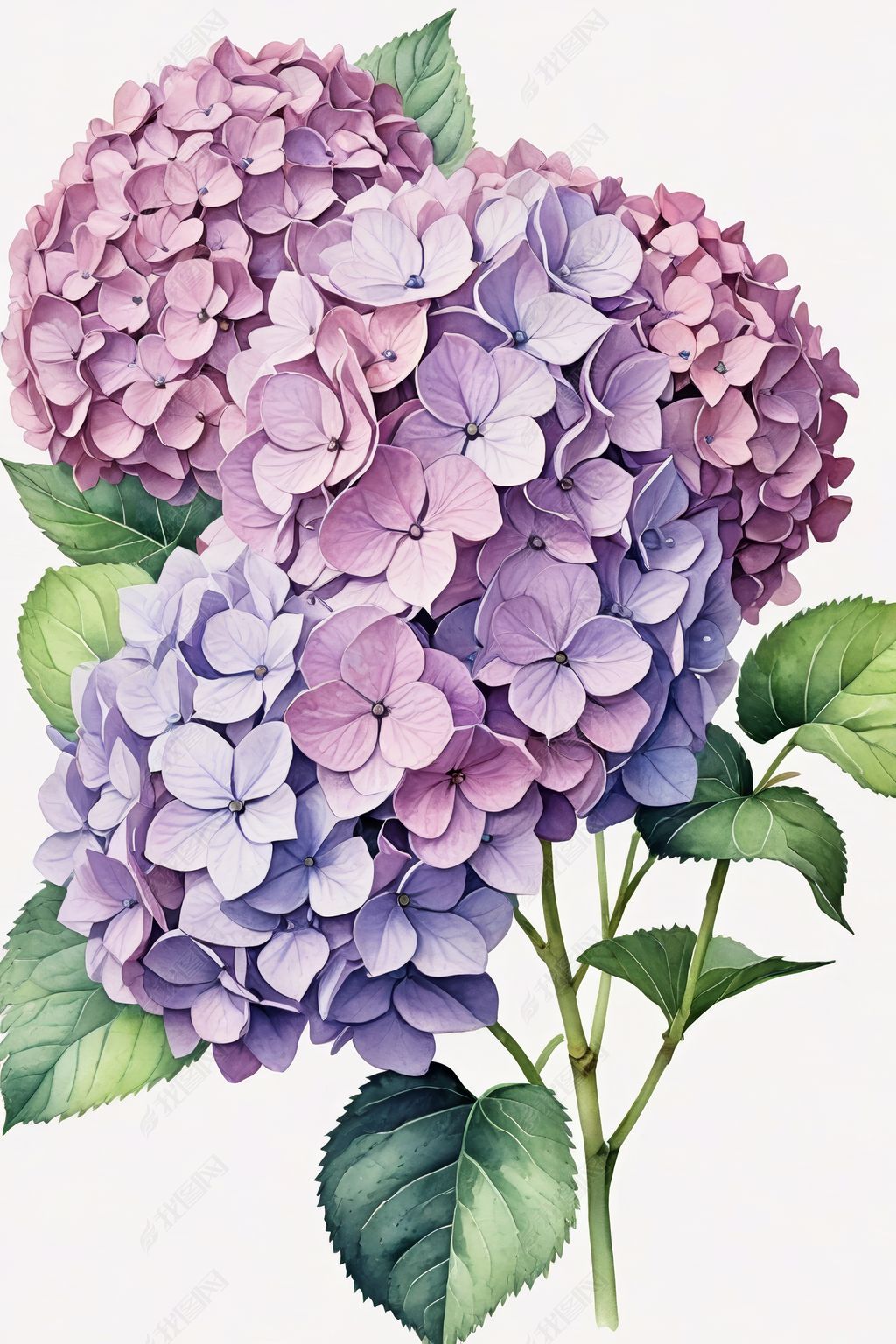 原创美丽丁香绣球花水彩画插画