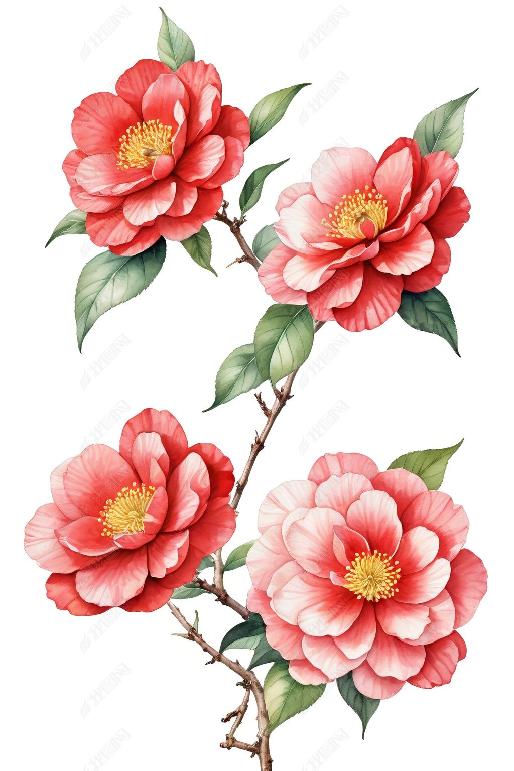 原创红色山茶花孤立白色背景椿本爱象征水彩手绘插画插画