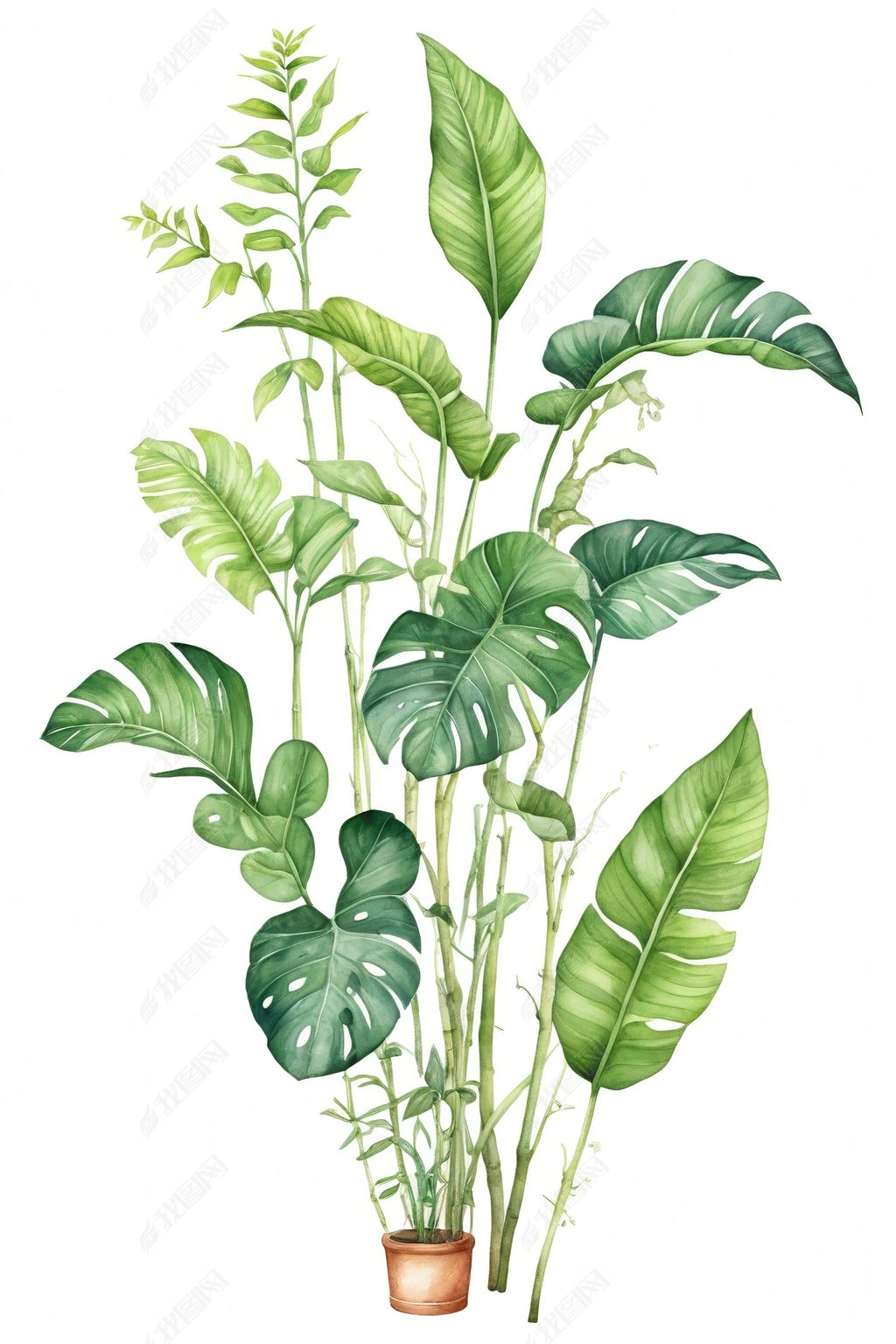 原创热带植物花束叶芽花攀缘植物室内植物水彩画插图插画