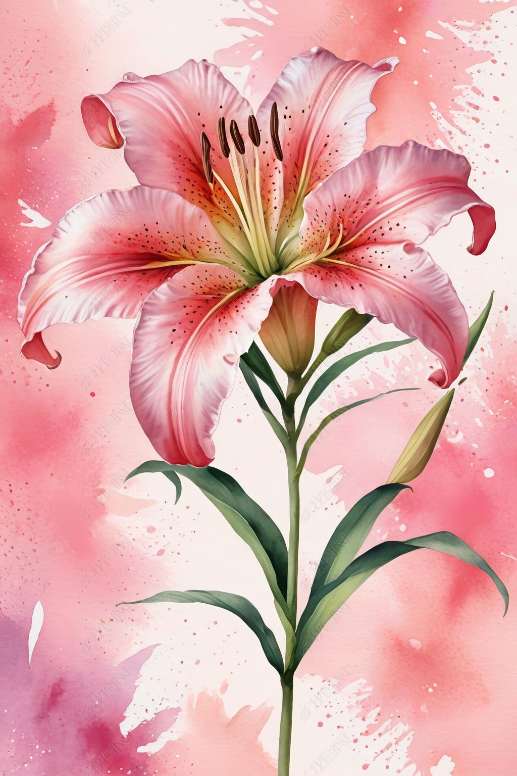 原创艺术粉百合花漂亮背景绘画水彩画效果插画