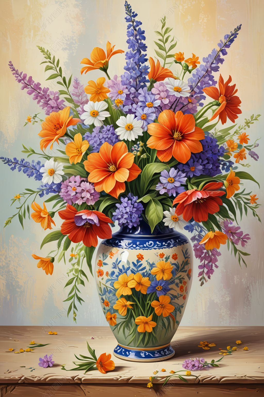 原创油画花瓶里春天花朵插画