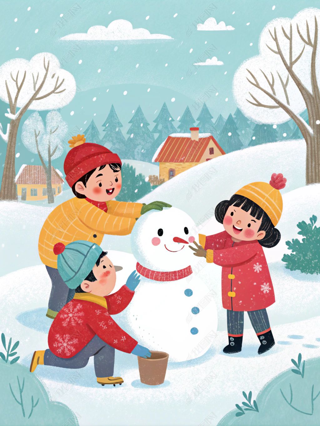 原创立冬小雪冬天堆雪人儿童插画故事绘本创意商业素材-版权可商用