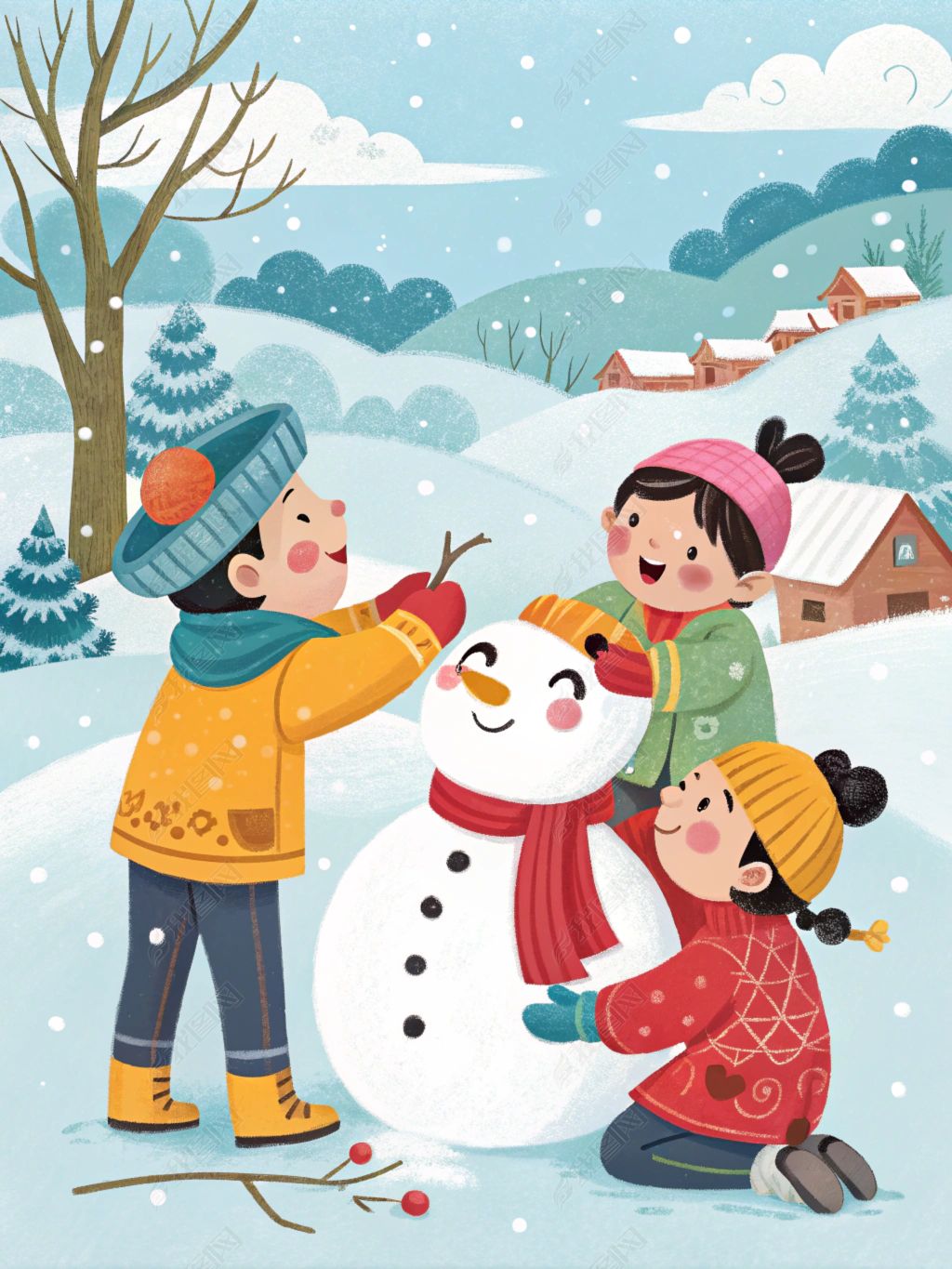 原创立冬小雪冬天堆雪人儿童插画故事绘本创意商业素材-版权可商用