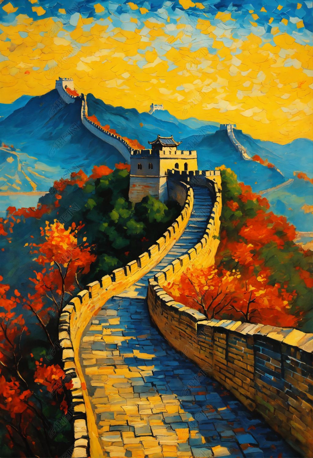 原创雄伟中国古长城油画ai插画海报高清图片素材-版权可商用