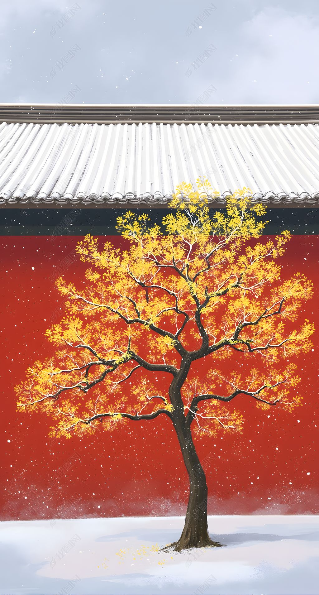 原创唯美中国风古风红墙白瓦雪景插画