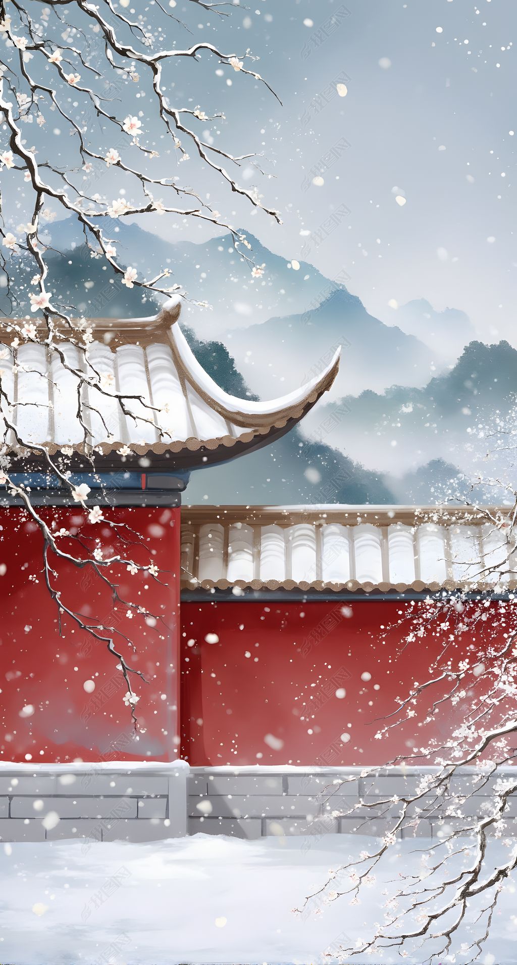 原创唯美中国风古风红墙白瓦雪景插画-版权可商用