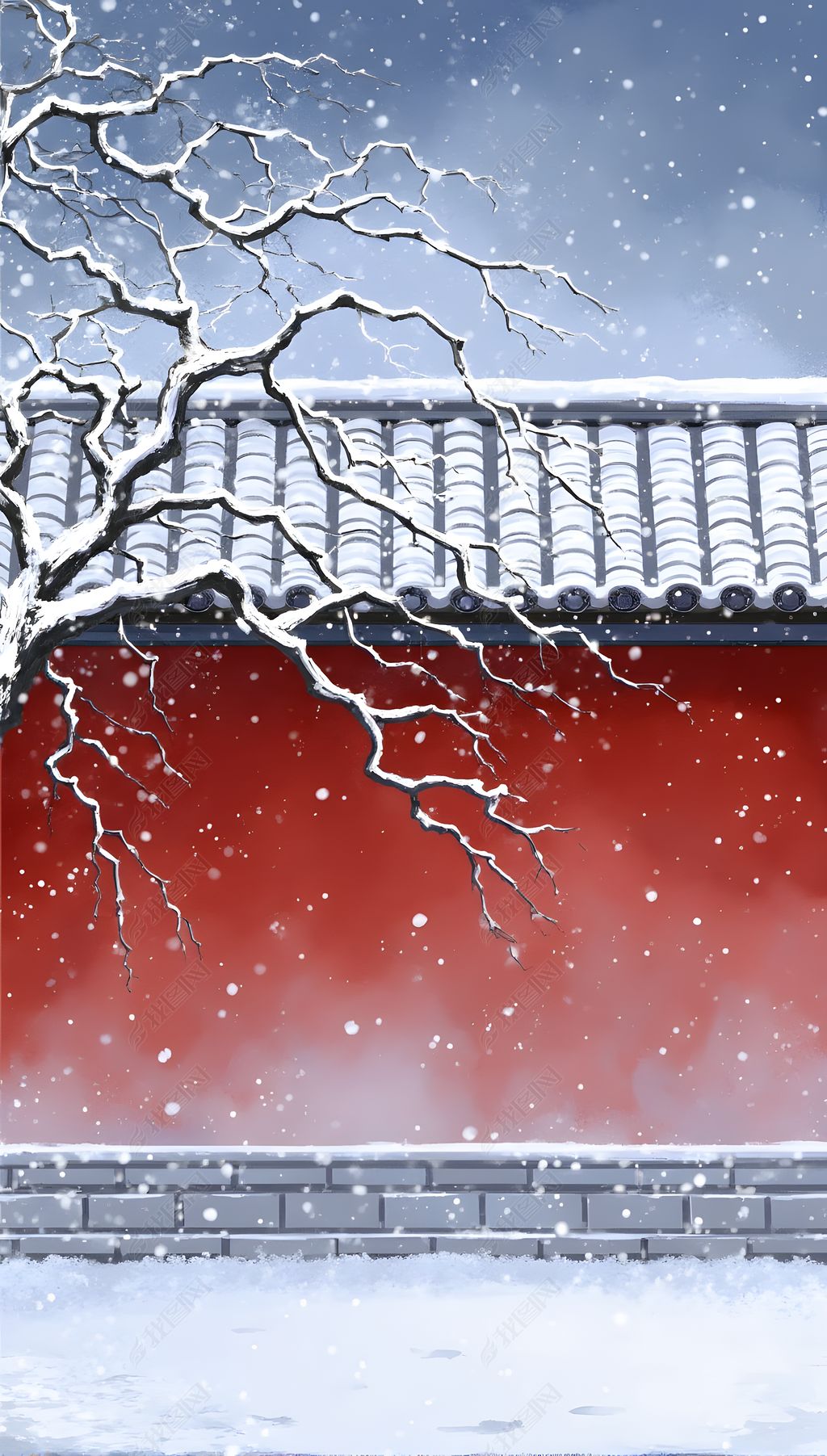 原创唯美中国风古风红墙白瓦雪景插画