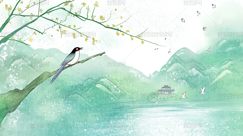 水墨画中国画山水画翠鸟与花枝绿色花鸟画下载-编号35223532--我图网