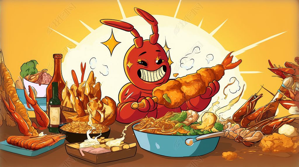 原创手绘卡通虾兵蟹将吃小龙虾海鲜美食插画