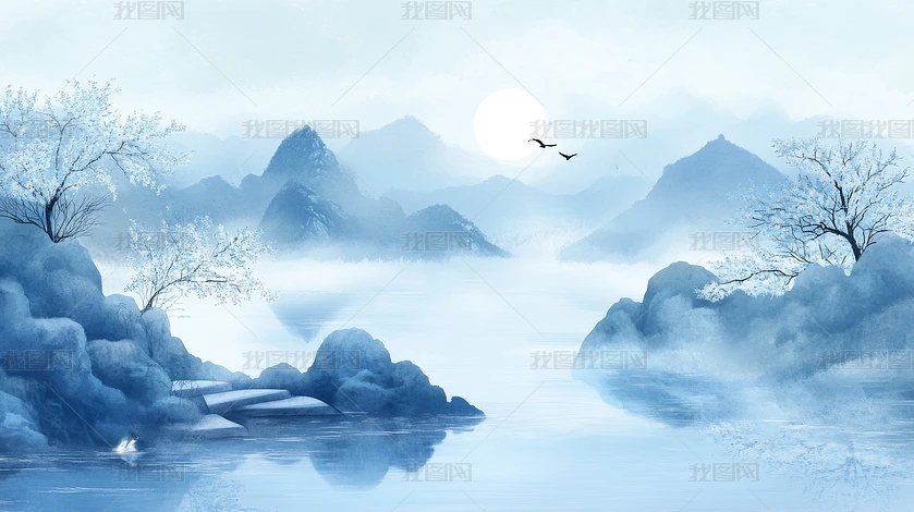 古风山水云海仙境飞鸟背景图山水画水墨画下载-编号35249857--我图网