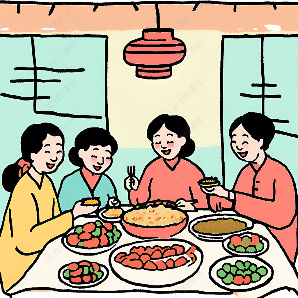 原创一家人朋友吃饭聚餐印刷画水彩色手绘简笔画插画