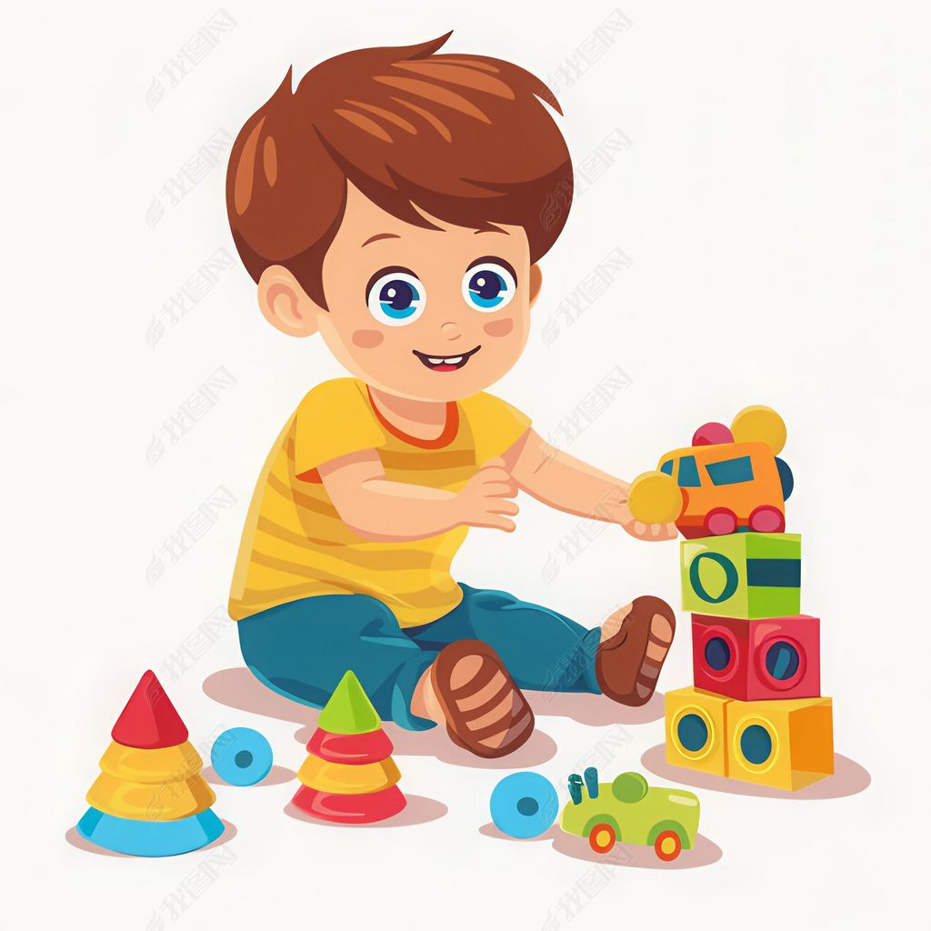 原创小男孩玩与玩具块矢量卡通插图