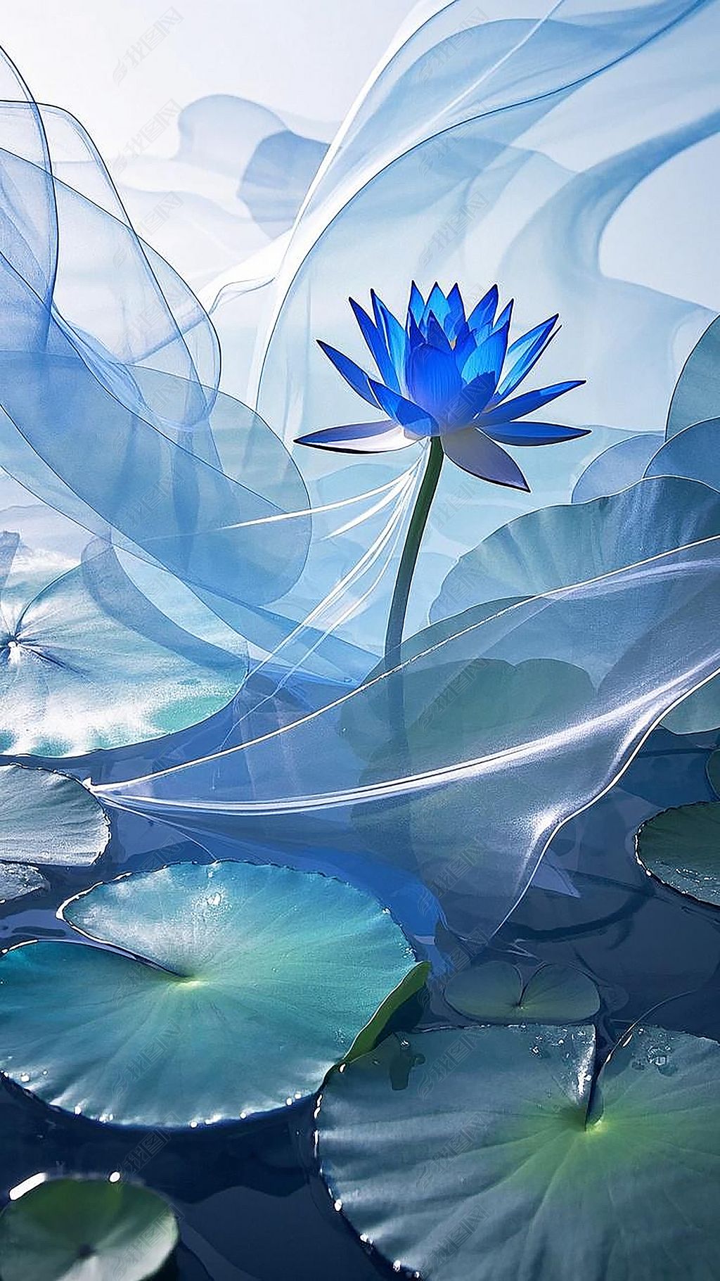 原创传统扎染纱幔盛开的蓝莲花多彩水墨画装饰画