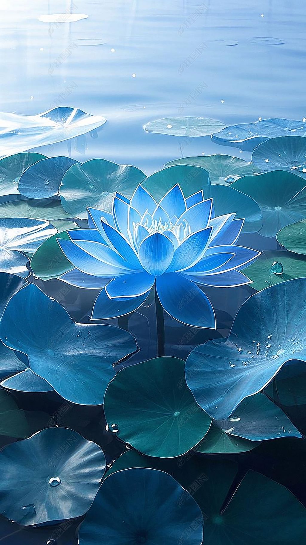 原创传统扎染纱幔盛开的蓝莲花多彩水墨画装饰画