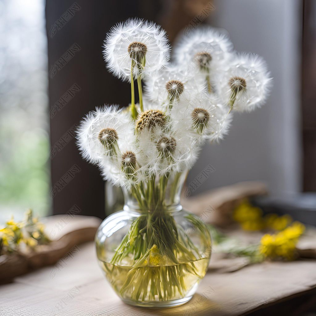 原创黄色蒲公英花插在花瓶里插画装饰画图片