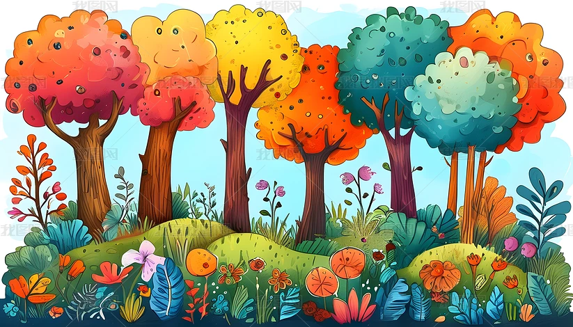 彩色手绘梦幻卡通花草树木的插画