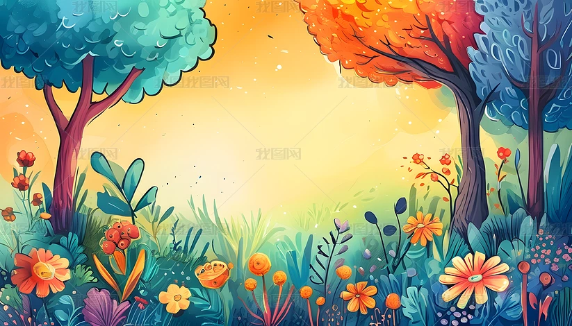 彩色手绘梦幻卡通花草树木的插画
