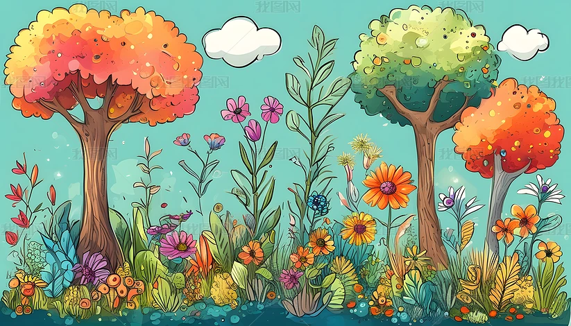 彩色手绘梦幻卡通花草树木的插画