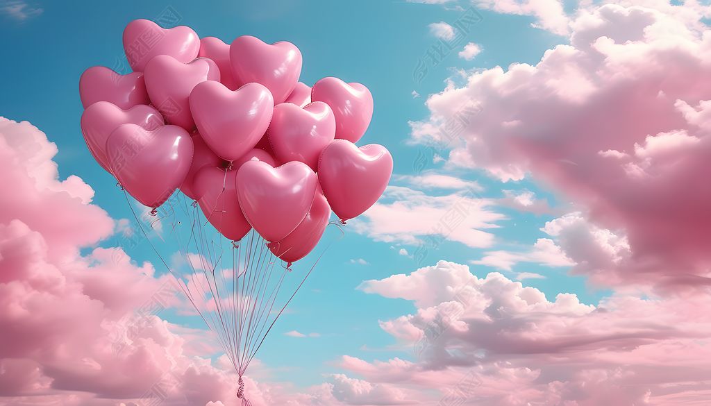 原创粉色梦幻气球爱心天空升起的背景1