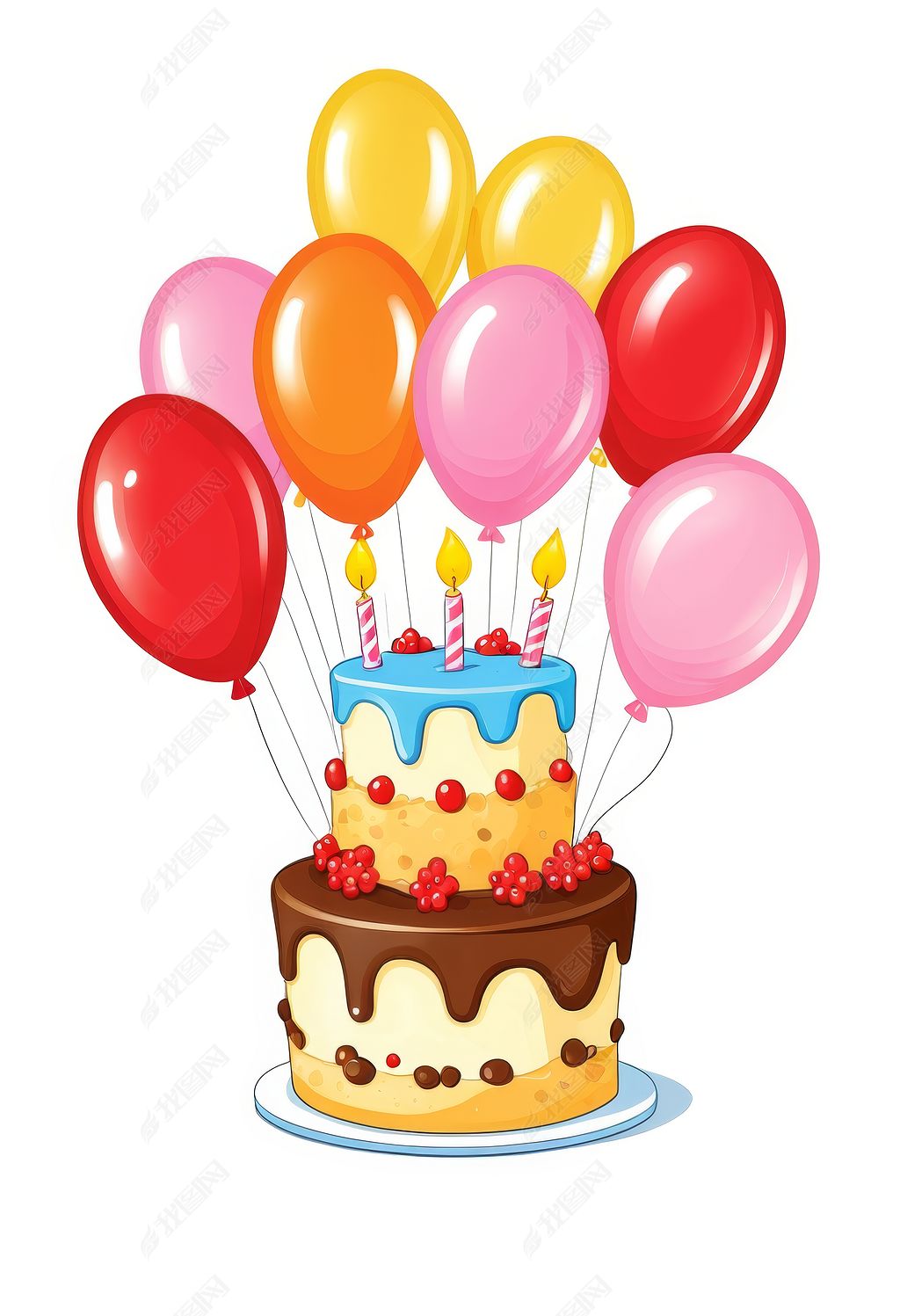 原创礼花气球生日蛋糕手绘卡通装饰元素
