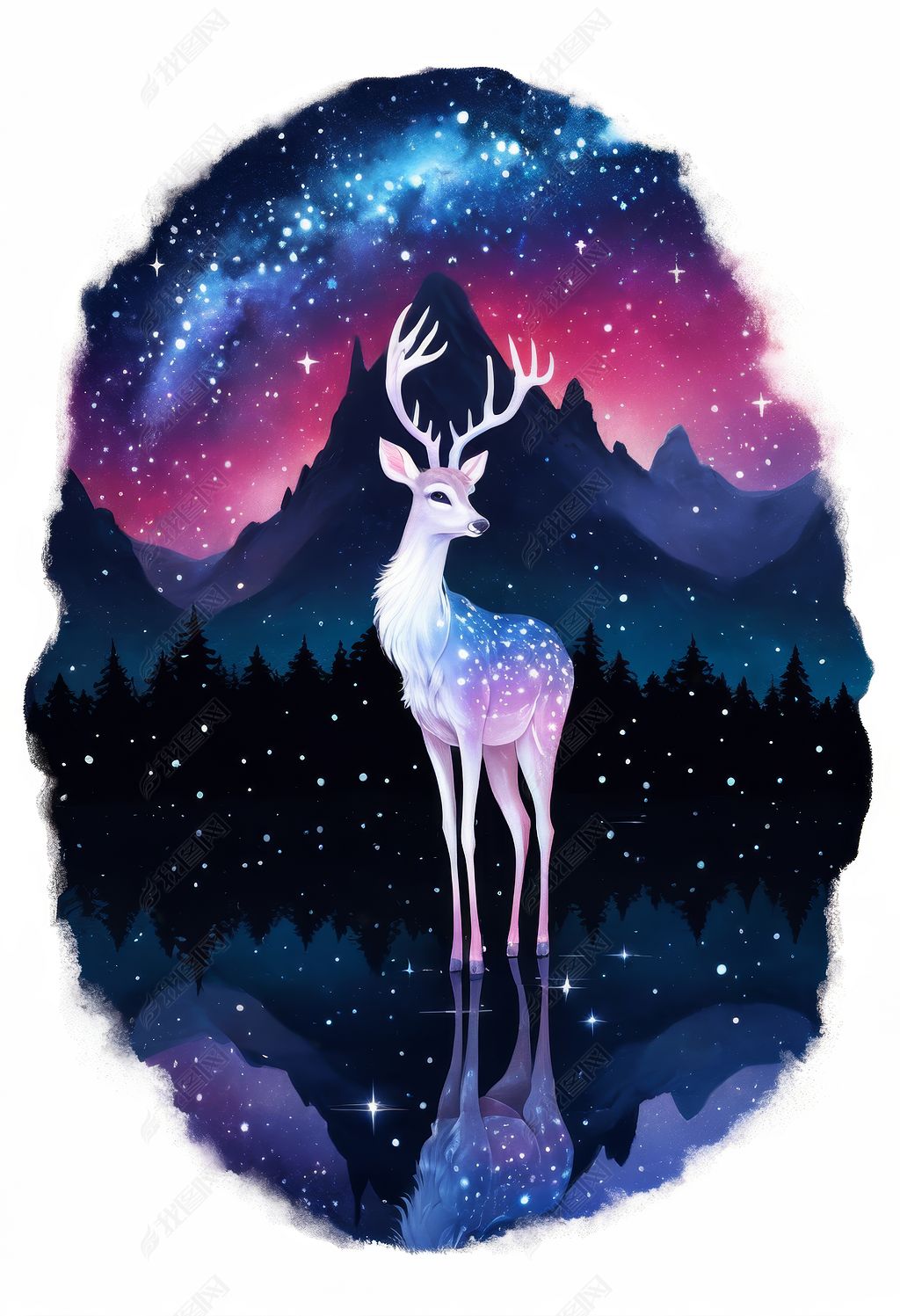 原创商用手绘梦幻鹿与少女星空湖面海报素材