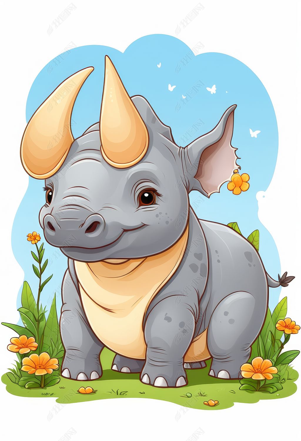 原创精品手绘卡通插画儿童可爱动物免抠犀牛