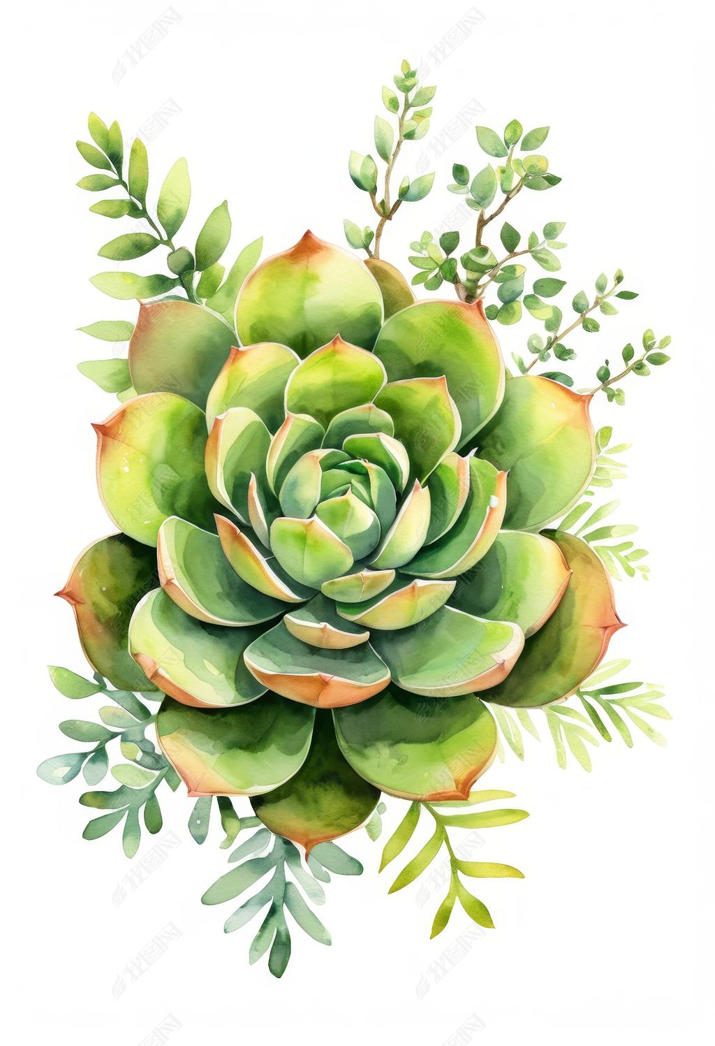 原创水墨画绿色植物多肉盛开彩色清新手绘简洁