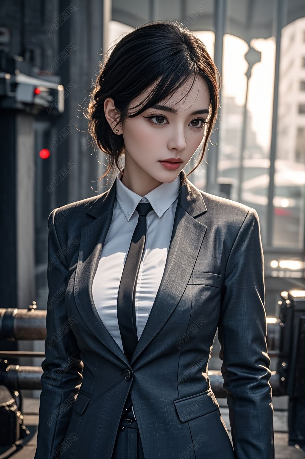 原创人行道上站着一个穿着西装打领带的女人图片