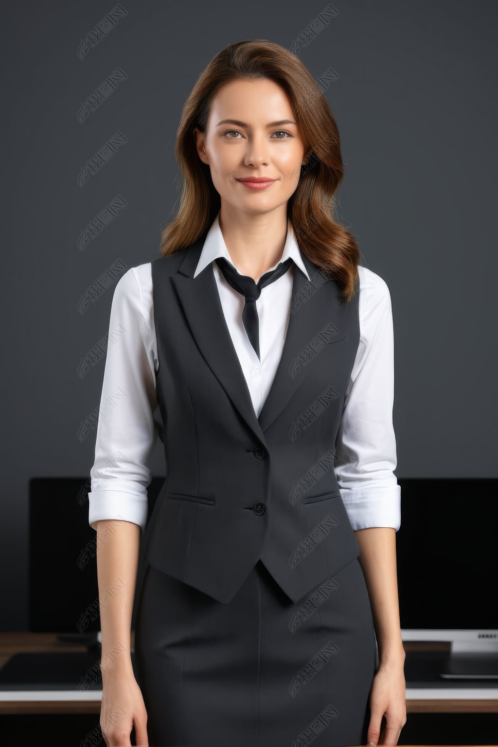 原创穿着黑色西装打领带的女人站在桌子前图片版权可商用