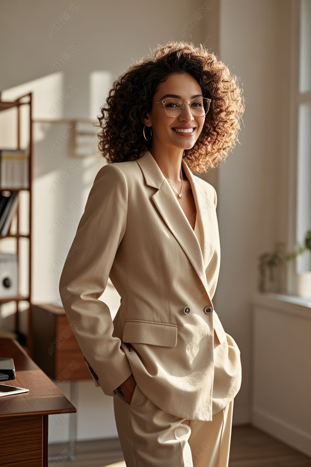 原创棕褐色西装微笑女人站装着笔记本电脑房间里