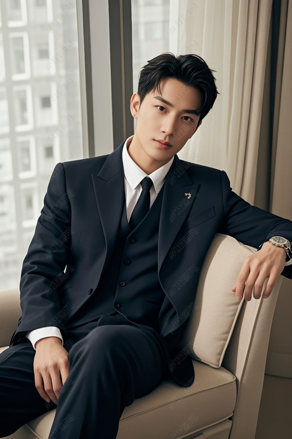 原创穿着西装坐在房间沙发上的男人高清图片版权可商用