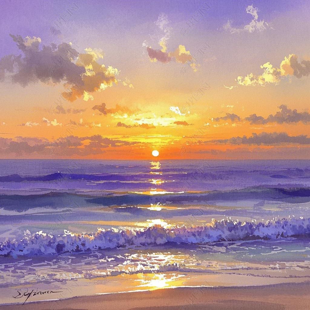 水彩日落海景