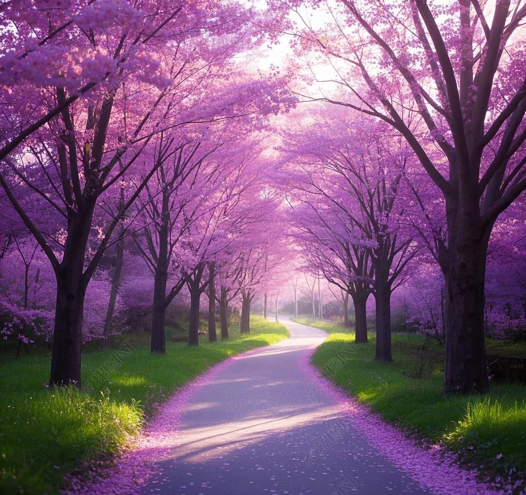 原创梦幻紫粉色樱花树林小路