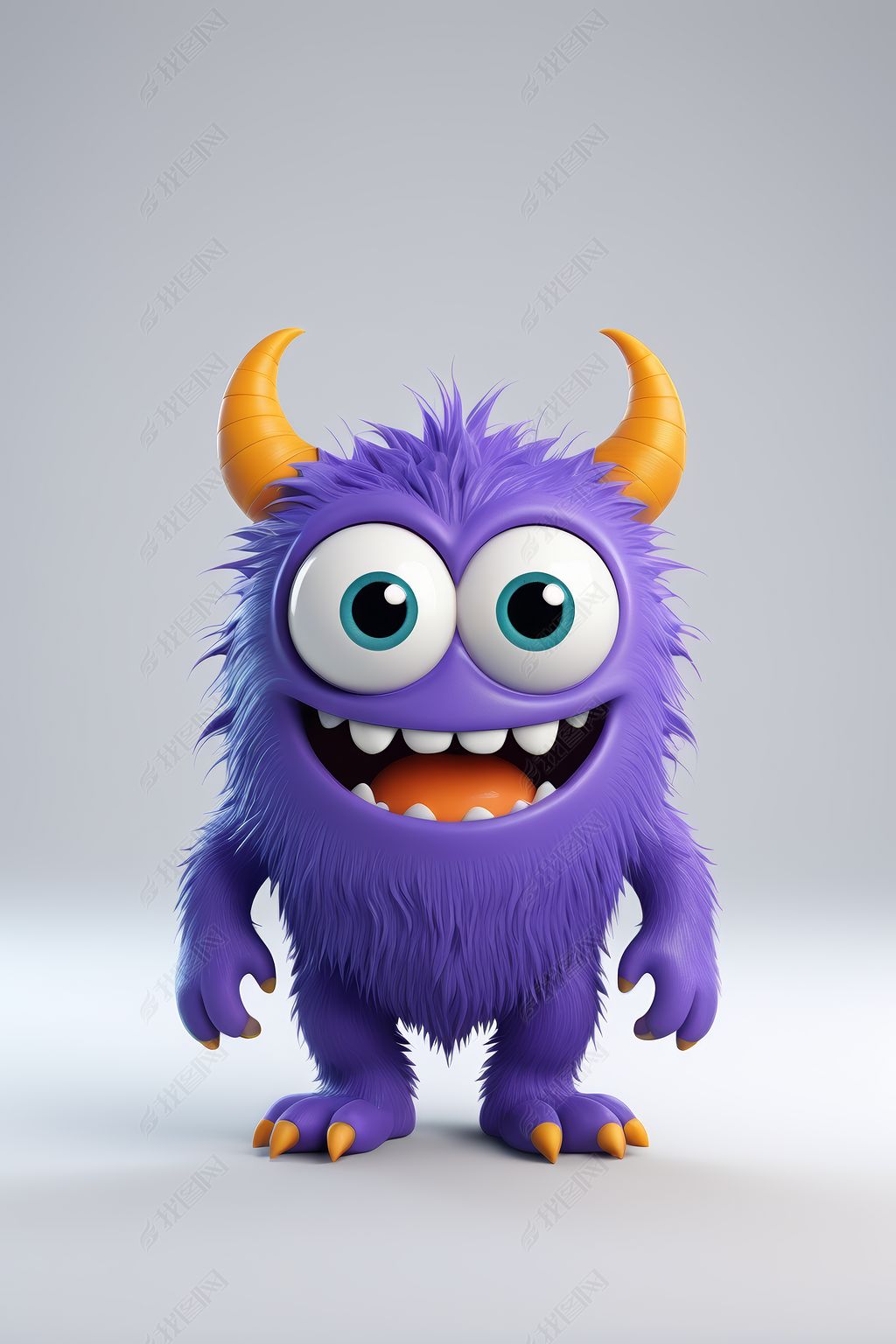 原创一个紫色毛茸茸的怪物有角和大眼睛特写