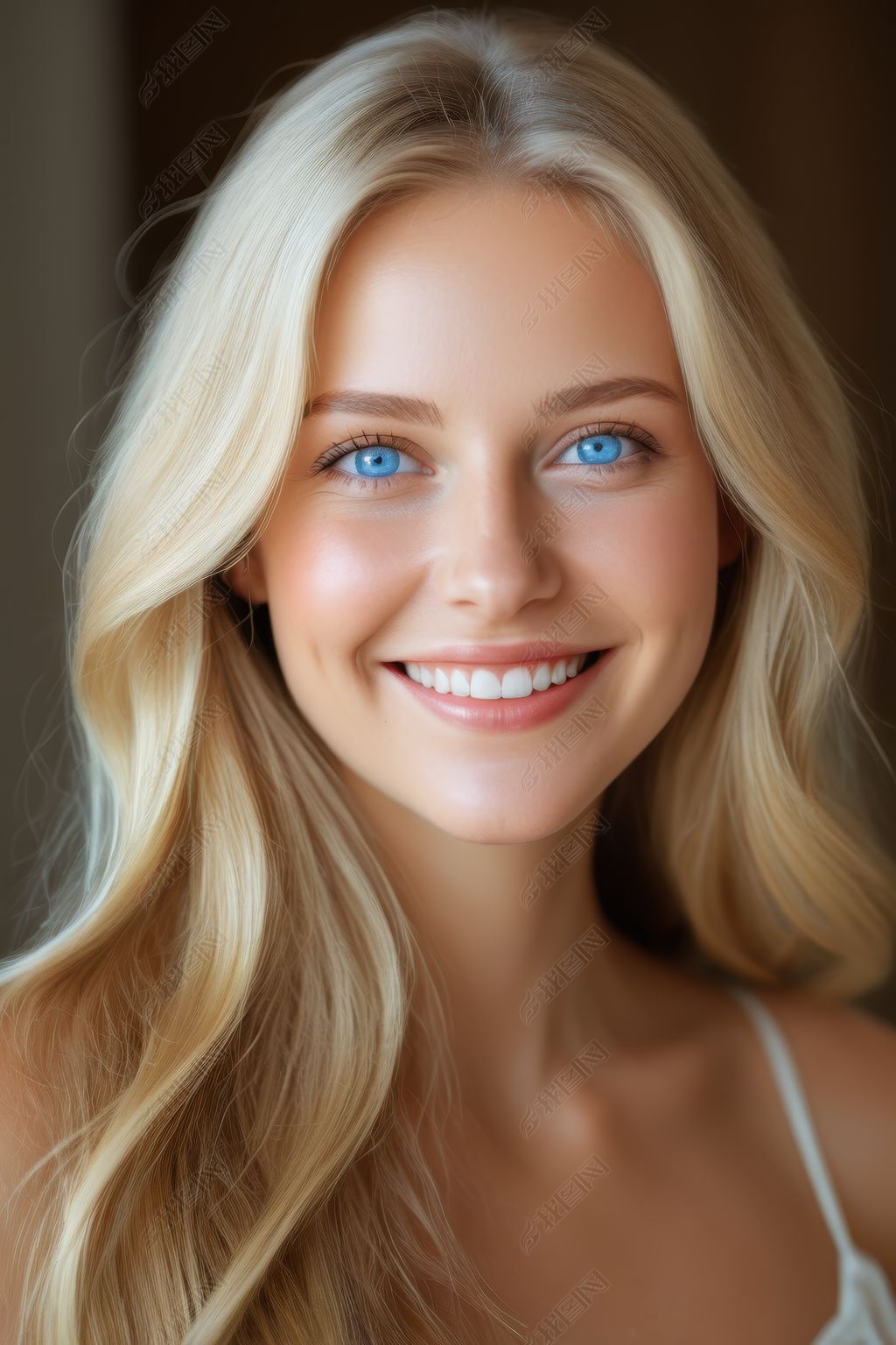 原创金发女郎蓝眼睛长发对着镜头微笑高清图片