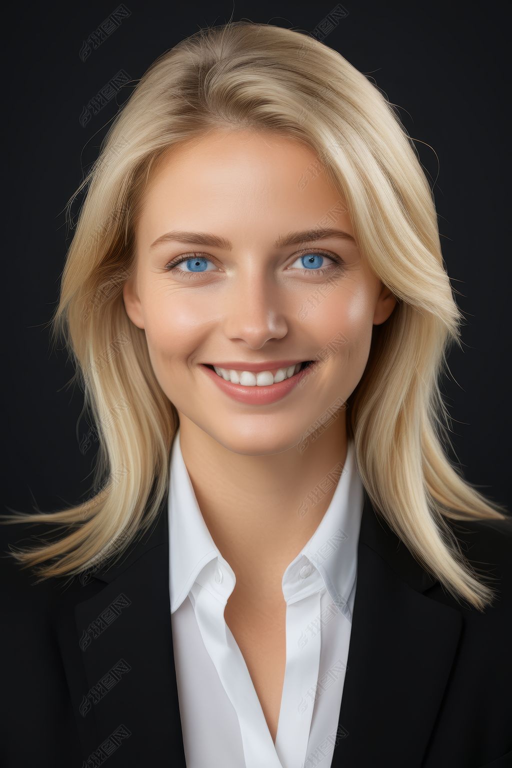 原创蓝眼睛和白衬衫的金发女人对着镜头微笑图片版权可商用