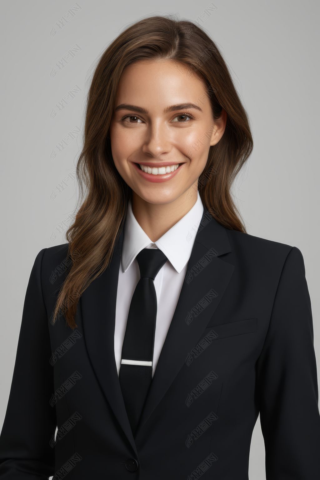 原创穿着黑色西装打着领带摆出姿势拍照微笑女人